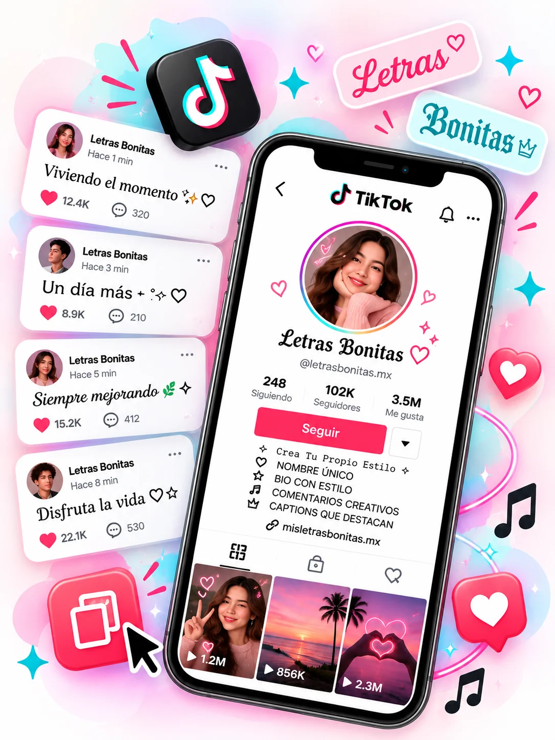 Letras para TikTok con estilos de letras bonitas, perfil personalizado y texto Unicode para copiar y pegar.